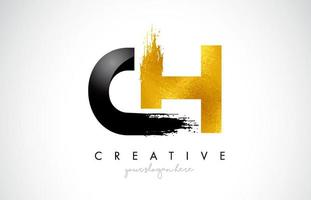 CH Letter Design with Black Golden Brush Stroke and Modern Look. vector