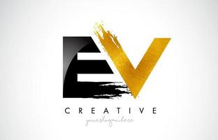 EV Letter Design with Black Golden Brush Stroke and Modern Look. vector