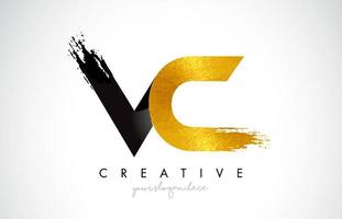 VC Letter Design with Black Golden Brush Stroke and Modern Look. vector