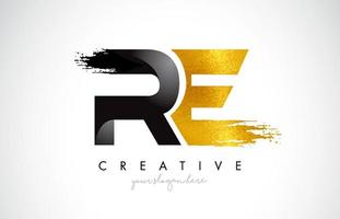 RE Letter Design with Black Golden Brush Stroke and Modern Look. vector