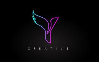 Neon Y Letter Logo Icon Design with Creative Wing in Blue Purple Magenta Colors vector