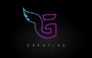 Neon G Letter Logo Icon Design with Creative Wing in Blue Purple Magenta Colors vector