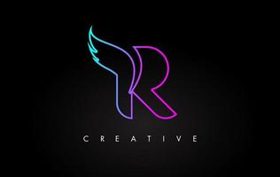 Neon R Letter Logo Icon Design with Creative Wing in Blue Purple Magenta Colors vector