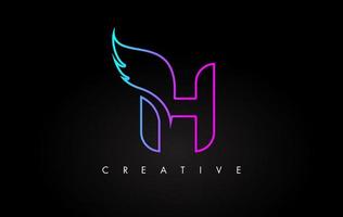 Neon H Letter Logo Icon Design with Creative Wing in Blue Purple Magenta Colors vector