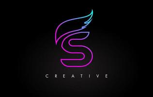 Neon S Letter Logo Icon Design with Creative Wing in Blue Purple Magenta Colors vector