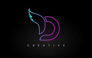 Neon D Letter Logo Icon Design with Creative Wing in Blue Purple Magenta Colors vector