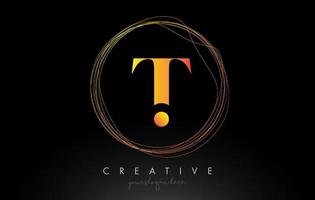 Diseño de logotipo de letra t artística dorada con marco de alambre circular creativo a su alrededor vector