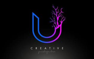 Tree Letter U Design Logo with Purple Blue Tree Branch. U Letter Tree Icon Logo vector