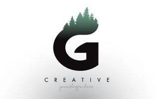 idea creativa del logotipo de la letra g con pinos. Diseño de letra g con pino en la parte superior. vector