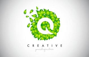 Q Green Leaf Logo Design Eco Logo With Multiple Leafs Blowing in the Wind Icon Vector. vector