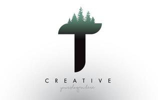 Creative T Letter Logo Idea With Pine Forest Trees. Letter T Design With Pine Tree on Top vector