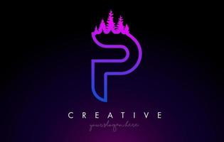 Creative P Letter Logo Idea With Pine Forest Trees. Letter P Design With Pine Tree on Top vector