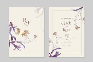Double Sided Vintage Wedding Invitation Template with Purple Flower vector