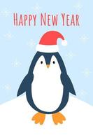 Christmas card with cute penguin. Adorable penguin in hat. Text Happy new year. Vector illustration in cartoon style with snow background.