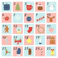 Advent calendar christmas poster with new year holiday elements. Vector illustration hand draw, cartoon style.