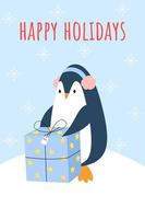 Christmas card with cute penguin. Adorable penguin with gift. Text HAPPY HOLIDAYS. Vector illustration in cartoon style with snow background.