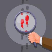 Detective hand with magnifier glass find clue on foot print. criminal investigation scene illustration cartoon vector