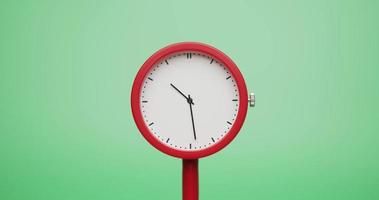 vista frontal, lapso de tempo, o relógio vermelho moderno mostra o tempo de execução. o tempo passou rapidamente. no fundo verde.