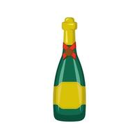Green bottle of champagne or sparkling wine for holiday, party and birthday. Alcoholic drink with label and blank place for text. Vector flat illustration