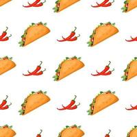 Seamless pattern with Mexican traditional taco food and hot peppers. Fast food print for restaurant, cafe and design on white background. Vector flat illustration