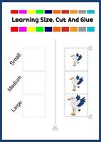 learning size for kids. sort picture by size.stork worksheet. vector