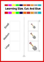 learning size for kids. sort picture by size.shovel worksheet vector