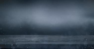 Empty wooden table with smoke and bokeh up on dark background. Advertising product banner concept. photo