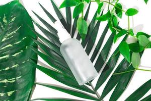 Glass dropper with white cap for cosmetics with exotic plants. Mockup. photo