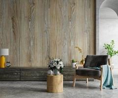 Mockup wooden wall mounted in a cement room with armchair. photo