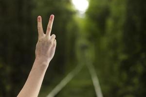 mano con dos dedos hacia arriba en la paz o signo de símbolo de paz o victoria sobre fondo natural. mujer muestra el número dos con dos dedos. foto
