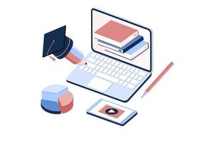 Modern 3d realistic isometric concept of Online Education for banner and website. Landing page template vector illustration of online learning, training course, university studies, e-learning research