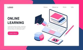 Modern 3d realistic isometric concept of Online Education for banner and website. Landing page template vector illustration of online learning, training course, university studies, e-learning research