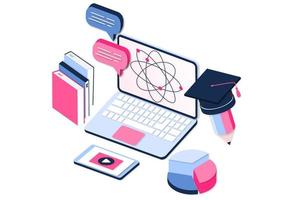 Modern 3d realistic isometric concept of Online Education for banner and website. Landing page template vector illustration of online learning, training course, university studies, e-learning research