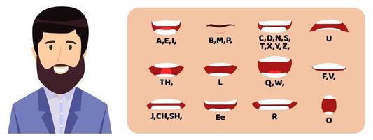 Businessman cartoon character talking mouth and lips expressions vector animations poses mouth talk animation movement practice English say disassembled separated letter illustration