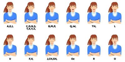 Cute businesswoman cartoon character talking mouth and lips expressions vector animations poses mouth talk animation movement practice English say disassembled separated letter