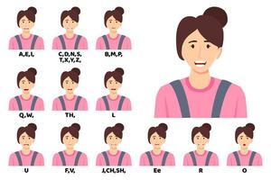 Businesswoman cartoon character talking mouth and lips expressions vector animations poses mouth talk animation movement practice English say disassembled separated letter isolated on white background