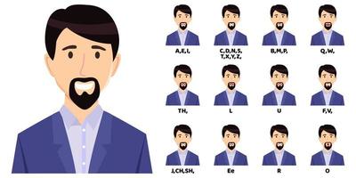 Beautiful businessman cartoon character talking mouth and lips expressions vector animations poses mouth talk animation movement practice English say disassembled separated letter isolated