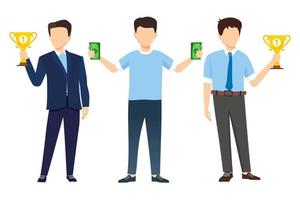 Businessman face less characters set team standing together and posing isolated holding money vector