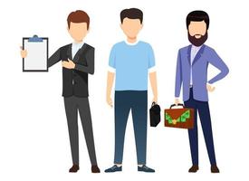 Businessman face less characters set team standing together and posing isolated holding bag and clipboard vector