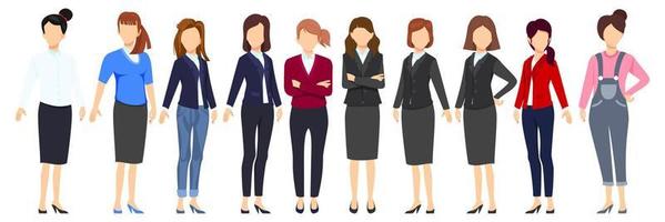 mujer de negocios, cara, menos, caracteres, grande, conjunto, equipo, posición, juntos, y, posar, aislado vector
