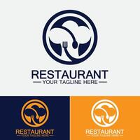 Logotipo de restaurante con icono de cuchara y tenedor, concepto de bebida de comida de diseño de menú para restaurante cafetería vector