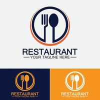 Logotipo de restaurante con icono de cuchara y tenedor, concepto de bebida de comida de diseño de menú para restaurante cafetería vector