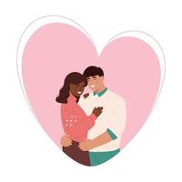 Cute diversity couple hugging. Happy Valentine's Day. Couple in love. Man and woman embracing each other affectionately. Loving couple hugging. Banner. Isolated on white background. vector