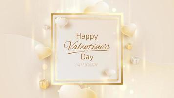 Valentine day background with square frame and realistic heart shape elements and golden lines. vector