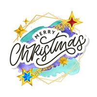 Merry Christmas text decorated with hand drawn lettering with gold stars. Greeting card design element. Vector typography.