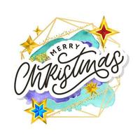 Merry Christmas text decorated with hand drawn lettering with gold stars. Greeting card design element. Vector typography.