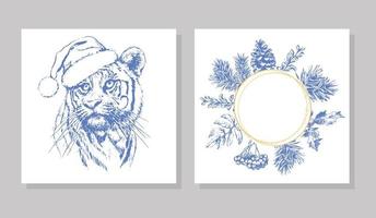 vector marco dibujo de globo de Navidad. tigre, linda invitación dibujada a mano, tarjeta de felicitación. Ilustración de impresión de vacaciones, ilustración vectorial