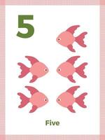 tarjeta de memoria flash del número cinco para el aprendizaje preescolar. matemáticas en inglés para niños. ilustración vectorial vector