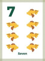 tarjeta de memoria flash del número siete para el aprendizaje preescolar. matemáticas en inglés para niños. ilustración vectorial vector