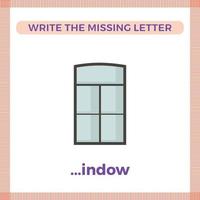 Write the missing letter. Worksheet for kids education. Flashcard for children. Vector illustration with a window